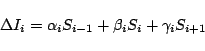 \begin{displaymath}
\Delta I_i = \alpha_i S_{i-1}
+ \beta_i S_i + \gamma_i S_{i+1}
\end{displaymath}