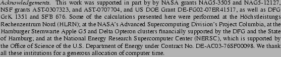 \begin{acknowledgements}
This work was supported in part by by NASA grants NAG5...
...institutions for a generous allocation of computer
time.
\end{acknowledgements}